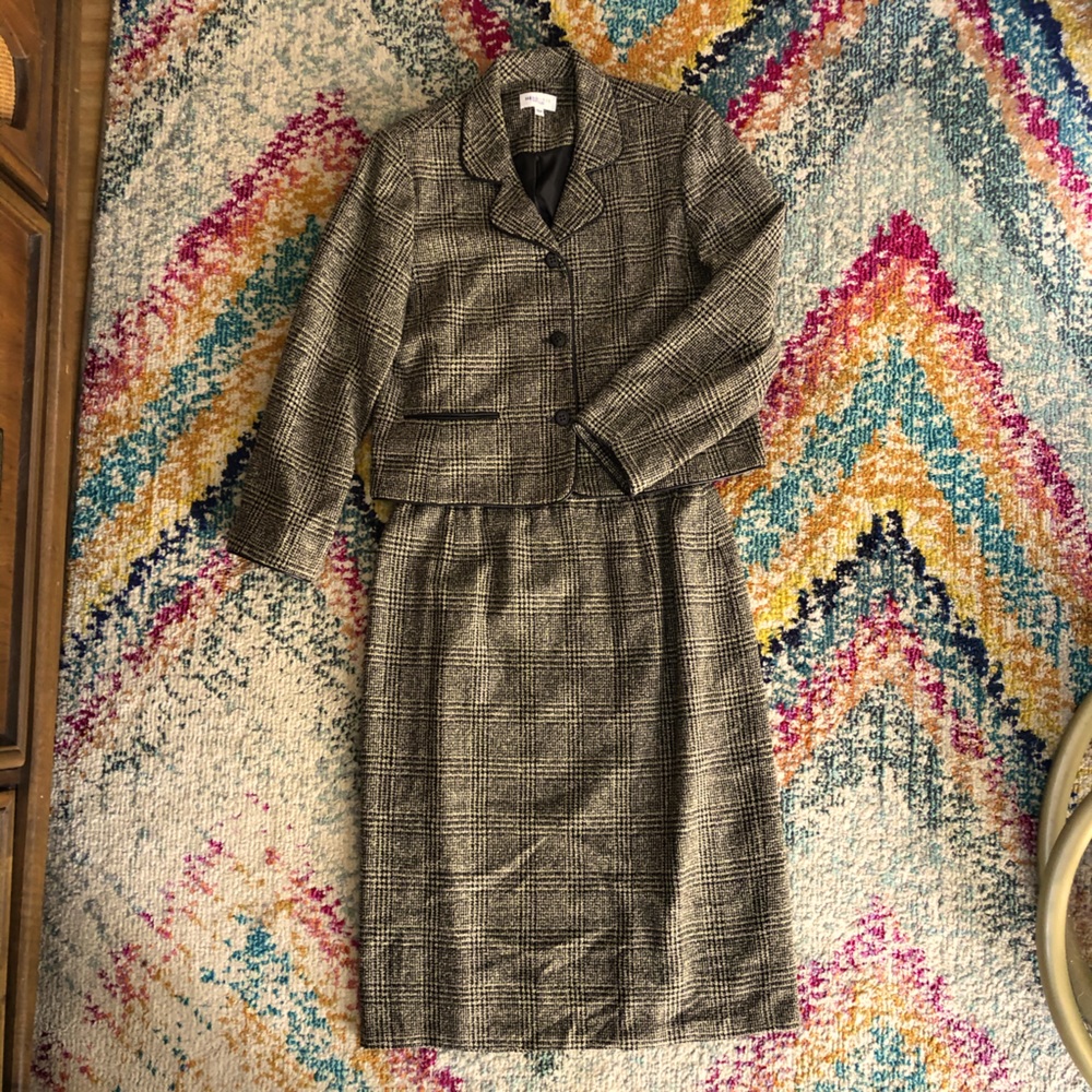 Brown Herringbone Skirt Suit with Leather Trim